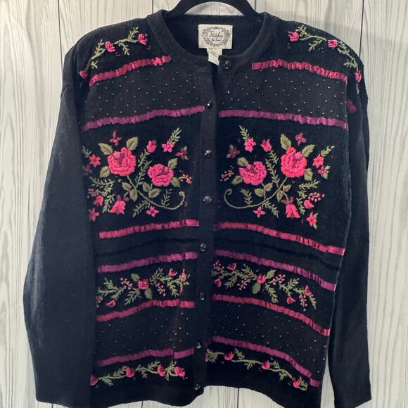 Y2K VTG Stitches In Time Floral Spring Embroidered Sweater Cardigan Large Black - Picture 1 of 8
